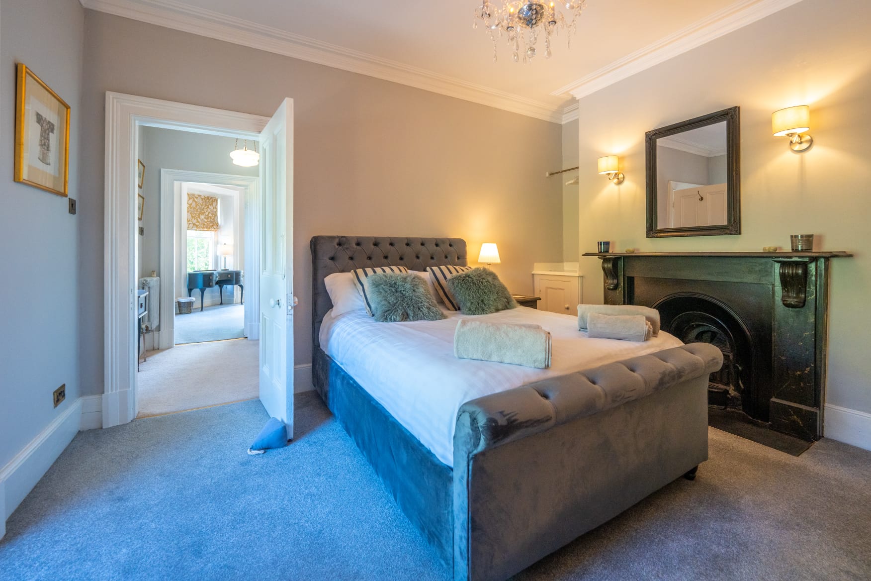 Second double bedroom, mountain-facing, grey velvet bed